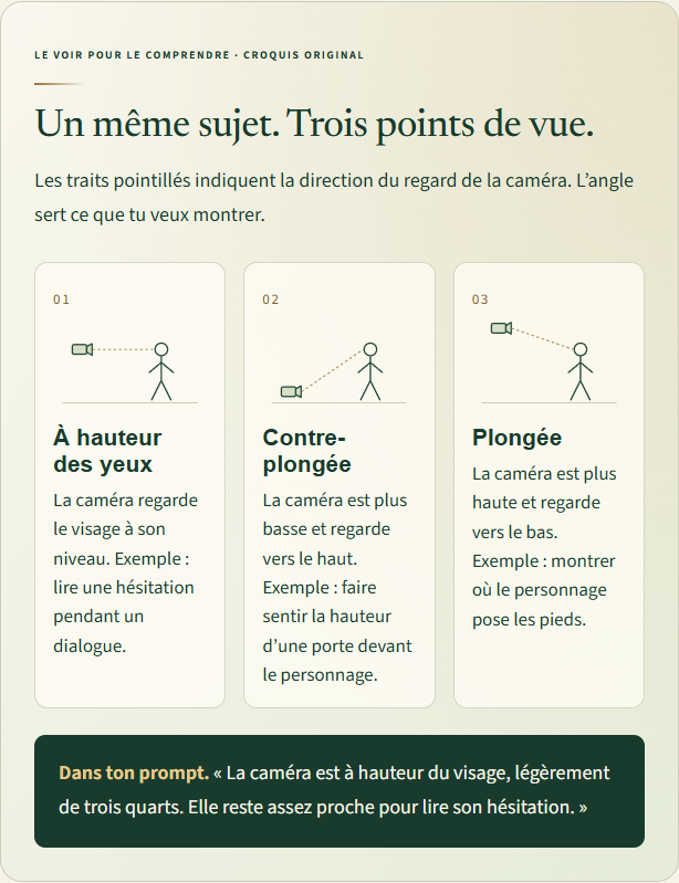 Page réelle du guide expliquant trois angles de caméra